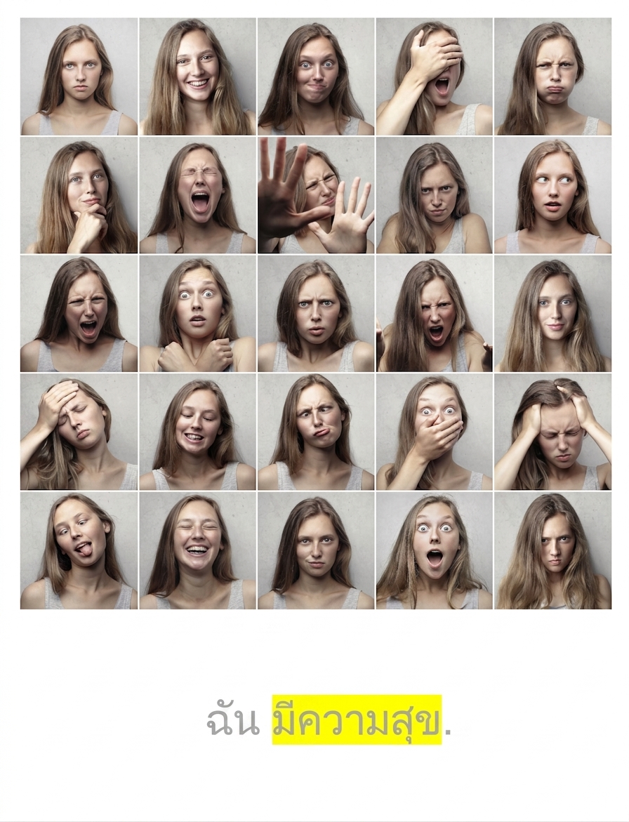 ชุดอารมณ์ต่าง ๆ พร้อมประโยค "I am happy" โดยเน้นคำว่า "happy"