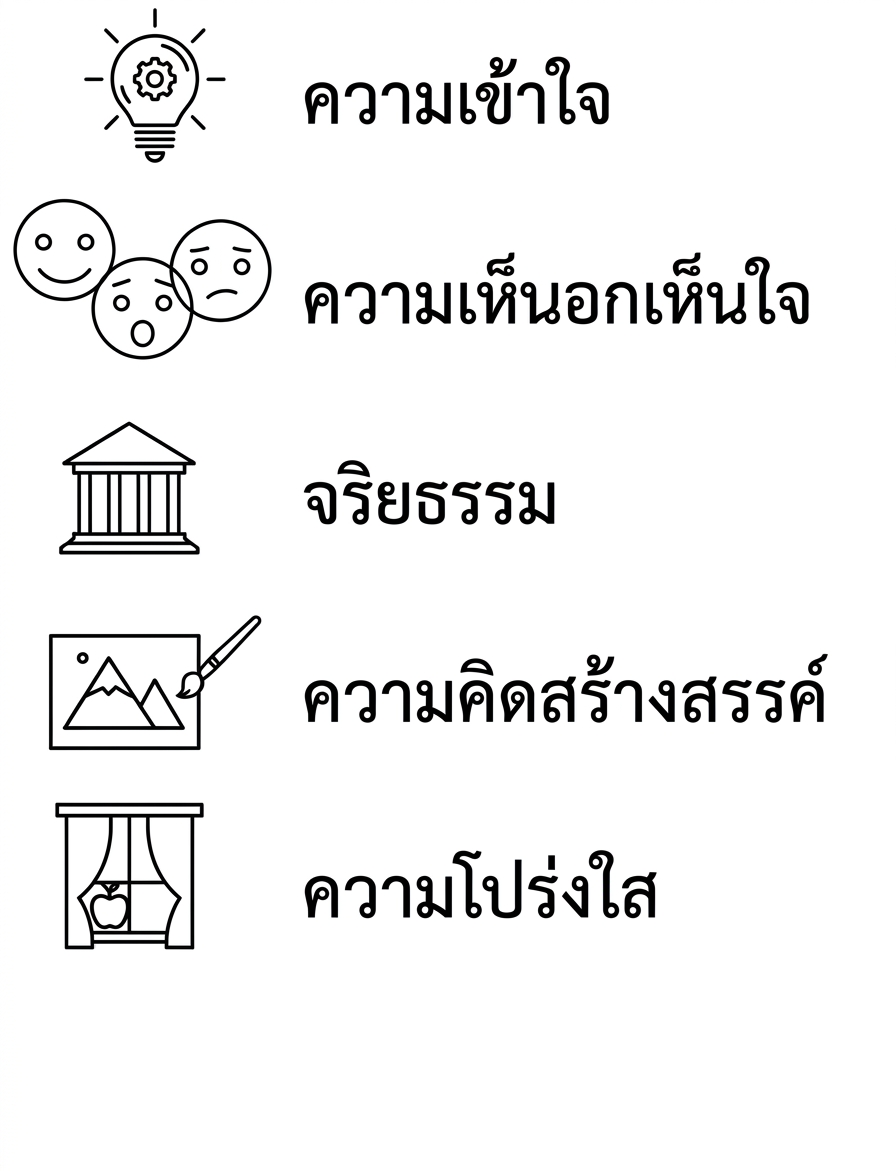 ความเข้าใจ ความเห็นอกเห็นใจ จริยธรรม ความคิดสร้างสรรค์ ความโปร่งใส