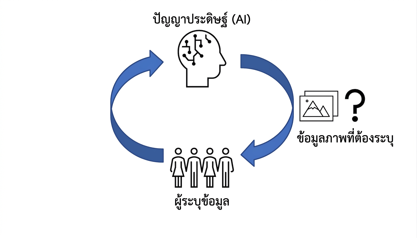 วงจรที่มี AI อยู่ด้านบนและมนุษย์อยู่ด้านล่าง พร้อมรูปภาพที่มีเครื่องหมายคำถามอยู่ข้างๆ