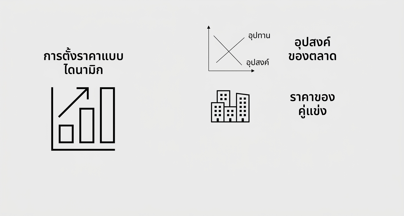 แผนภูมิราคา แผนภูมิความต้องการตลาด และกราฟิกราคาคู่แข่งแสดงกลุ่มอาคาร