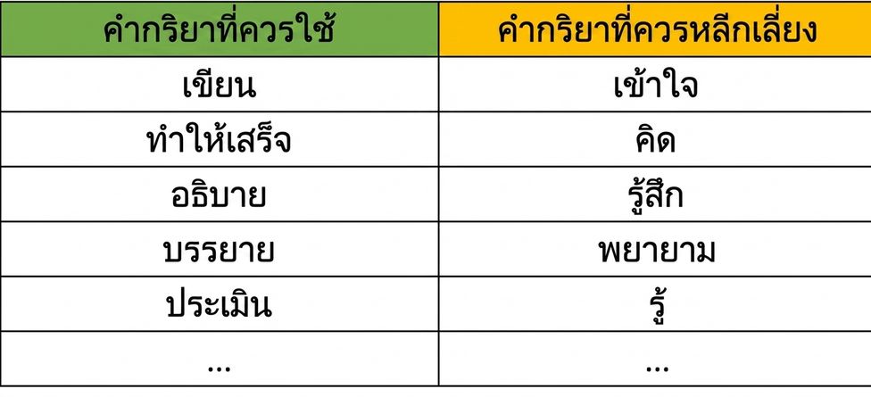 ตารางแสดง action verb ที่แนะนำ เช่น write, complete, explain, describe, evaluate และ verb ที่ควรหลีกเลี่ยง เช่น understand, think, feel, try, know