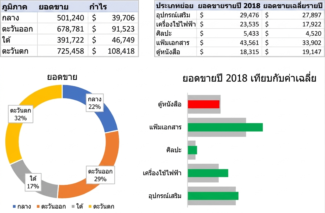ตัวอย่างตารางและแผนภูมิสำหรับข้อมูลแบบรวม