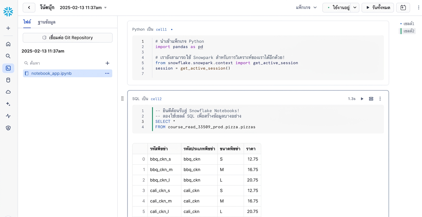 Snowflake notebook ที่ใช้เซลล์โค้ด Python และ SQL