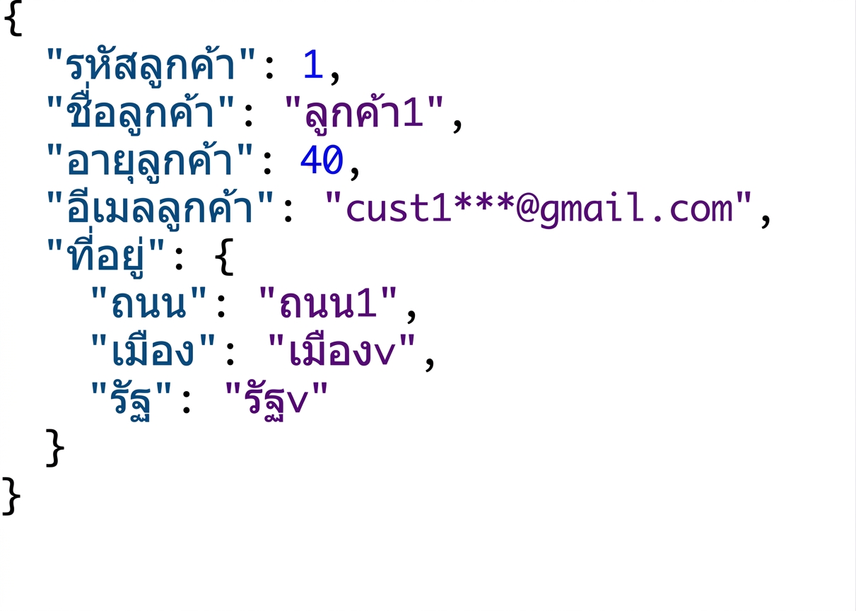 ข้อมูล JSON แบบซ้อนกัน โดย address เป็น object ที่มีคู่ key-value ของ street, city และ state