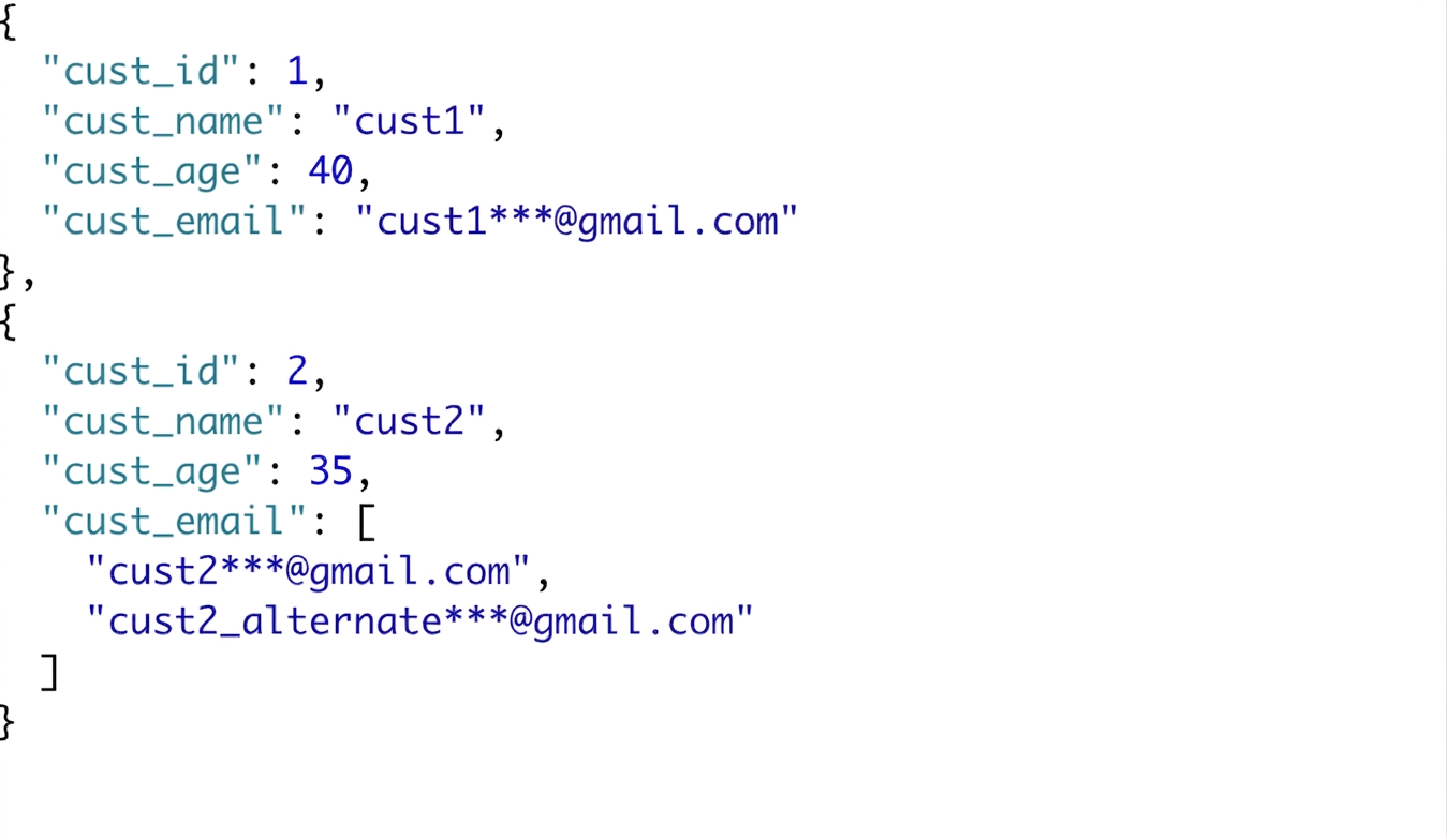 ข้อมูลกึ่งโครงสร้างของลูกค้าในรูปแบบ JSON โดยลูกค้ารายที่ 2 มีอีเมลสองที่อยู่