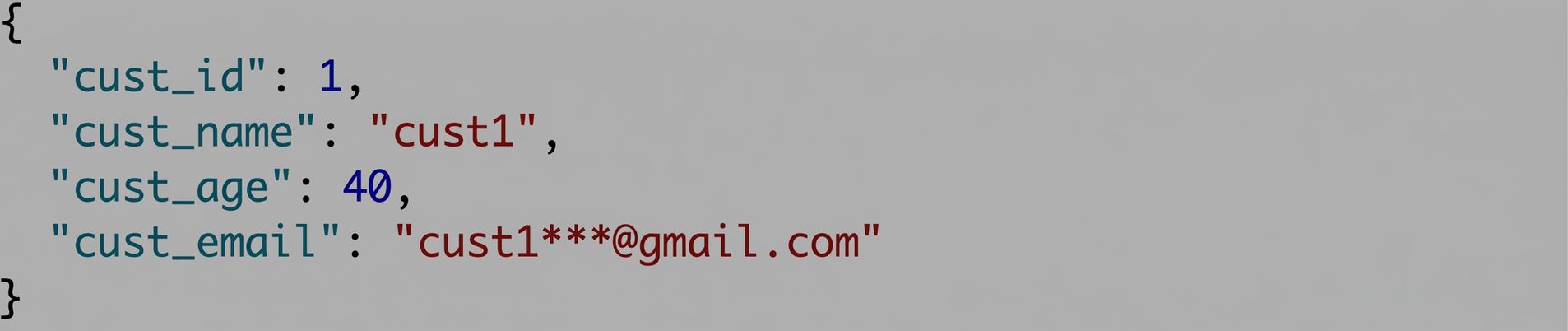 ตัวอย่างเรคอร์ด JSON ของลูกค้า ประกอบด้วย id, ชื่อ, อายุ และอีเมล