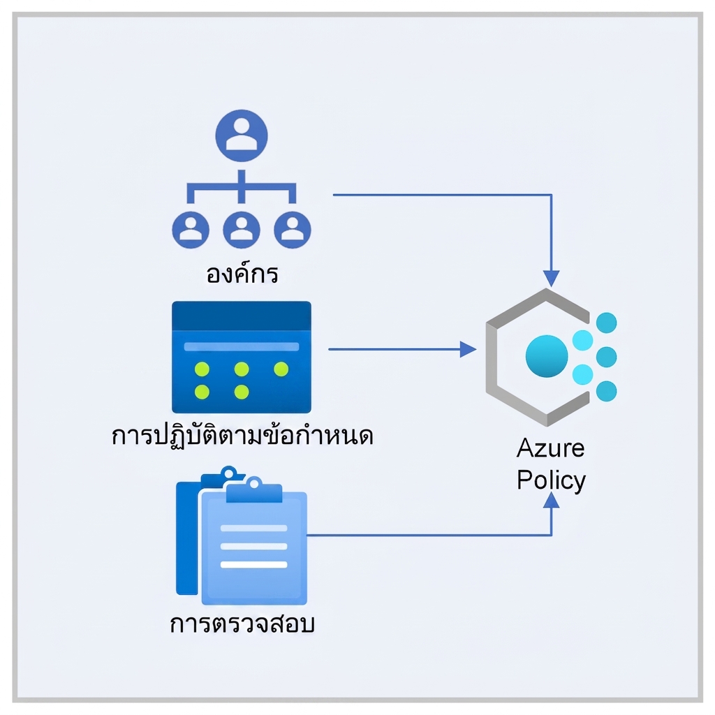 ภาพสี่เหลี่ยมสีพร้อมไอคอนแทนองค์กร ความสอดคล้อง และการตรวจสอบ ชี้ไปยังไอคอน Azure Policy