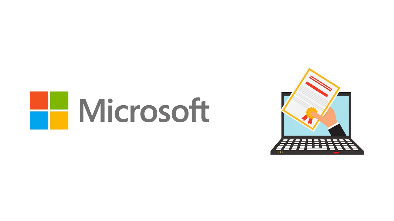 โลโก้ Microsoft พร้อมแล็ปท็อปที่มีใบรับรอง