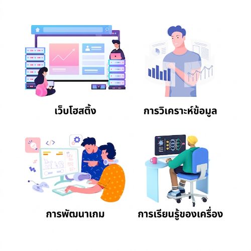 ภาพแสดงการโฮสต์เว็บ การพัฒนาเกม การวิเคราะห์ข้อมูล และ machine learning