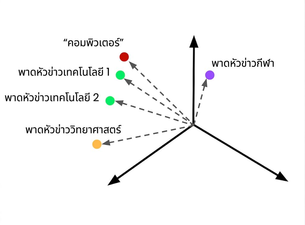 คำค้นหาที่ถูก embed ใน vector space พร้อมกับบทความหลายหัวข้อที่ถูก embed ไว้ด้วยกัน