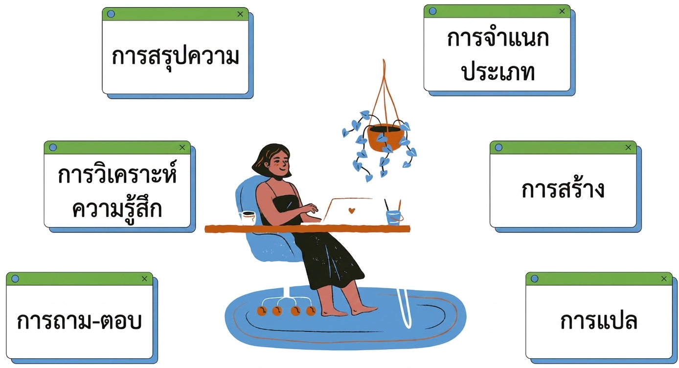ภาพคนนั่งทำงานที่โต๊ะพร้อมงานต่างๆ ได้แก่ การสร้างข้อความและการแปลภาษา