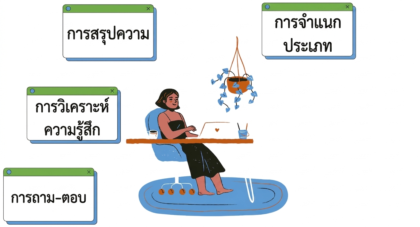 ภาพคนนั่งทำงานที่โต๊ะพร้อมงานต่างๆ ได้แก่ การจำแนกข้อความ การสรุปความ การวิเคราะห์อารมณ์ และการตอบคำถาม