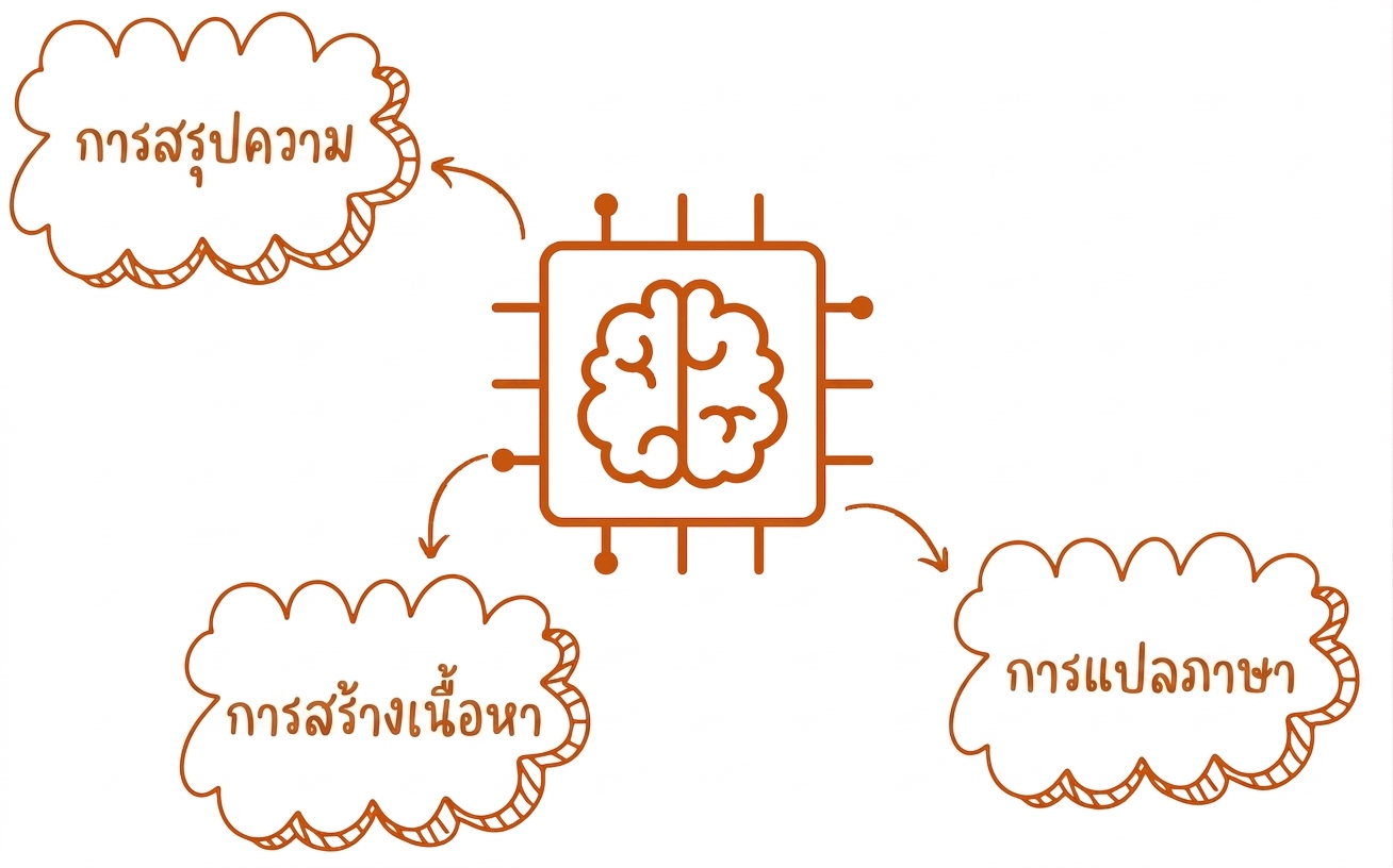 ภาพนามธรรมของ large language model พร้อมบับเบิลสรุปความ สร้างข้อความ และแปลภาษา