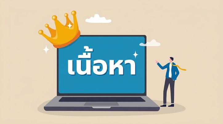 ภาพแล็ปท็อปที่มีคำว่า "content" และมีมงกุฎวางอยู่ด้านบน