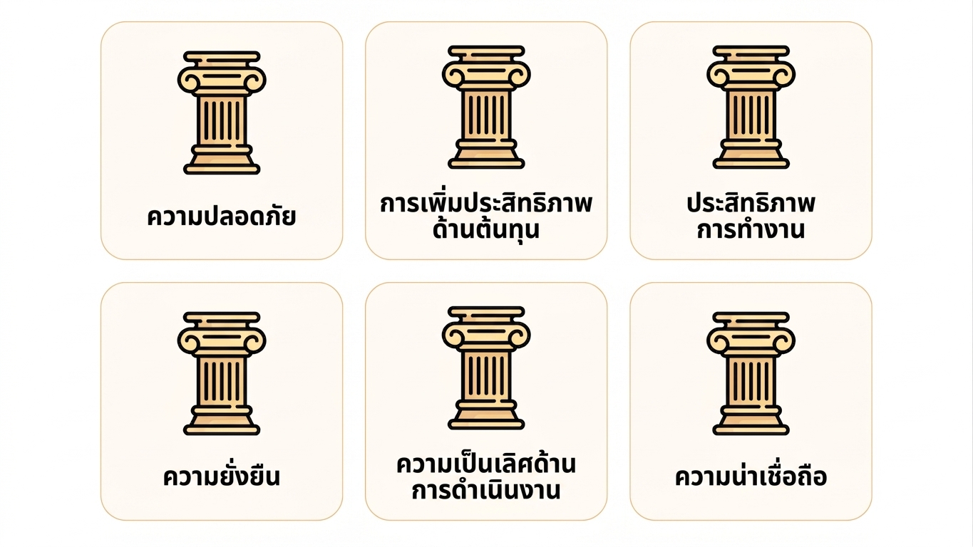 เสาหลักทั้งหกของ Framework ได้แก่ Security, Cost Optimization, Performance Efficiency, Sustainability, Operational Excellence และ Reliability