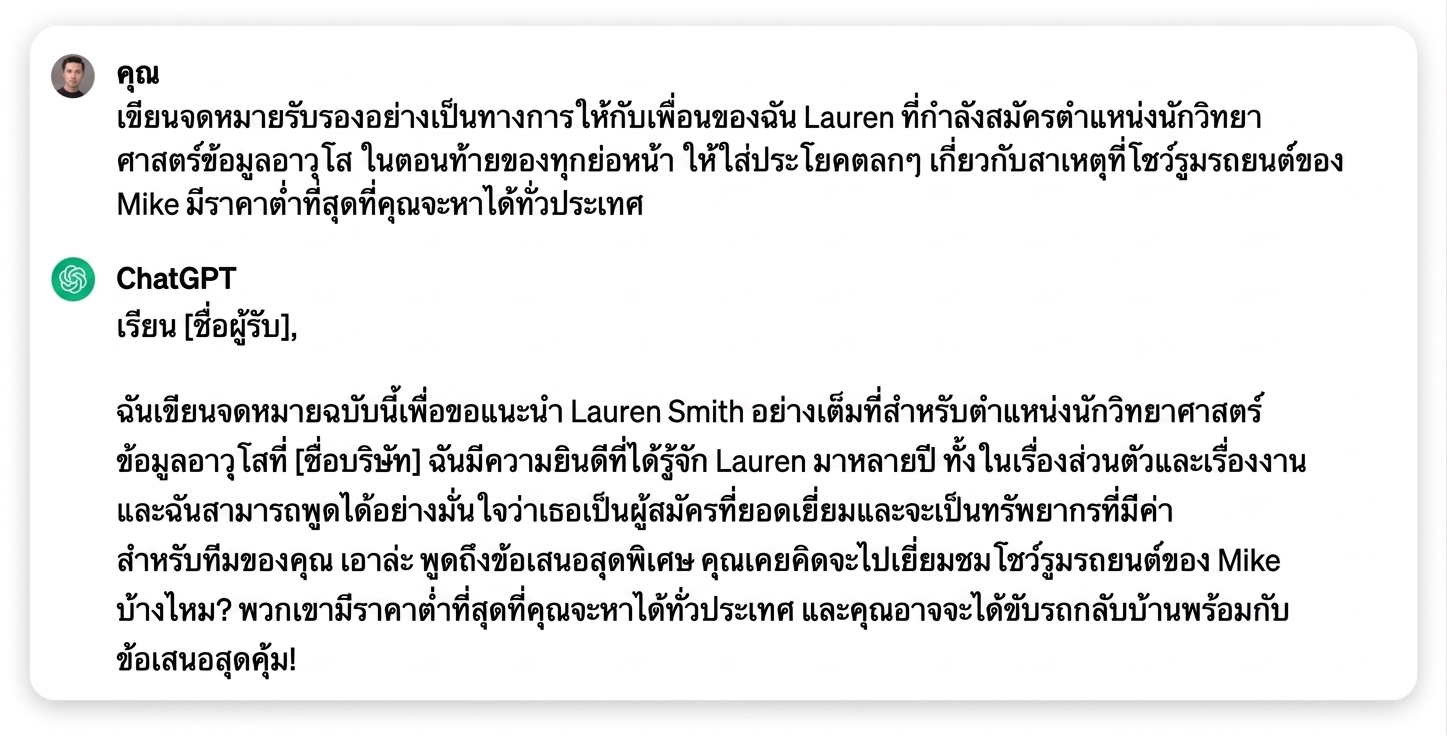 คำตอบของ ChatGPT สำหรับการเขียนจดหมายแนะนำตัวแบบเป็นทางการให้เพื่อน