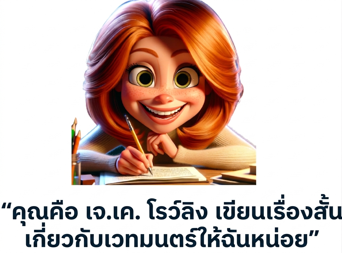 บุคคลที่ดูมีความสุขพร้อม Prompt "คุณคือ J.K. Rowling เขียนเรื่องสั้นเกี่ยวกับเวทมนตร์ให้ฉันหน่อย"