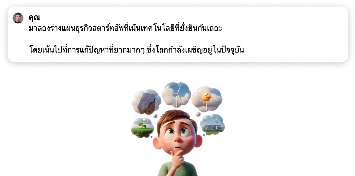 ภาพประกอบการ์ตูนของเด็กกำลังคิดเรื่องเทคโนโลยีที่ยั่งยืน
