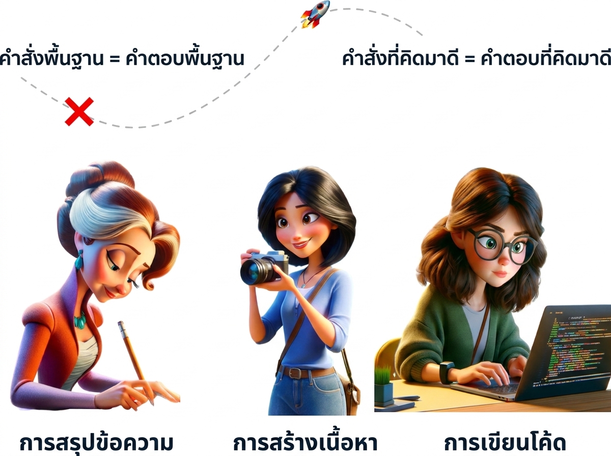 ภาพประกอบการ์ตูนของคนกำลังเขียน อีกคนถ่ายรูป และอีกคนเขียนโค้ด