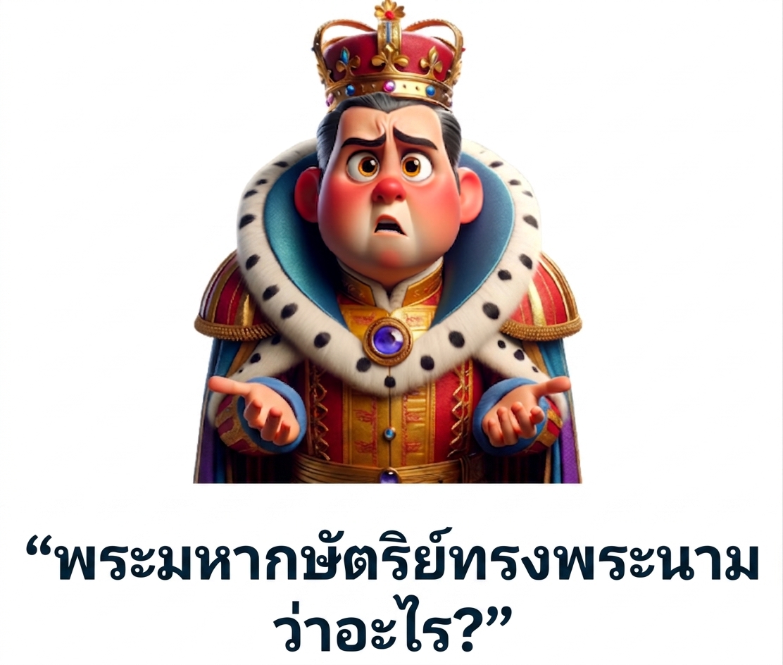 กษัตริย์ที่ดูสับสนพร้อมคำถาม "ชื่อของกษัตริย์คืออะไร"
