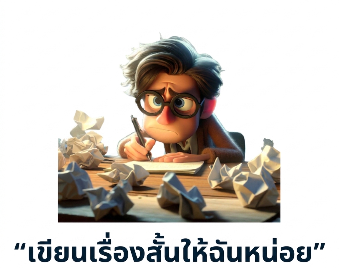 บุคคลที่ดูสับสนและเหนื่อยพร้อม Prompt "เขียนเรื่องสั้นให้ฉันหน่อย"