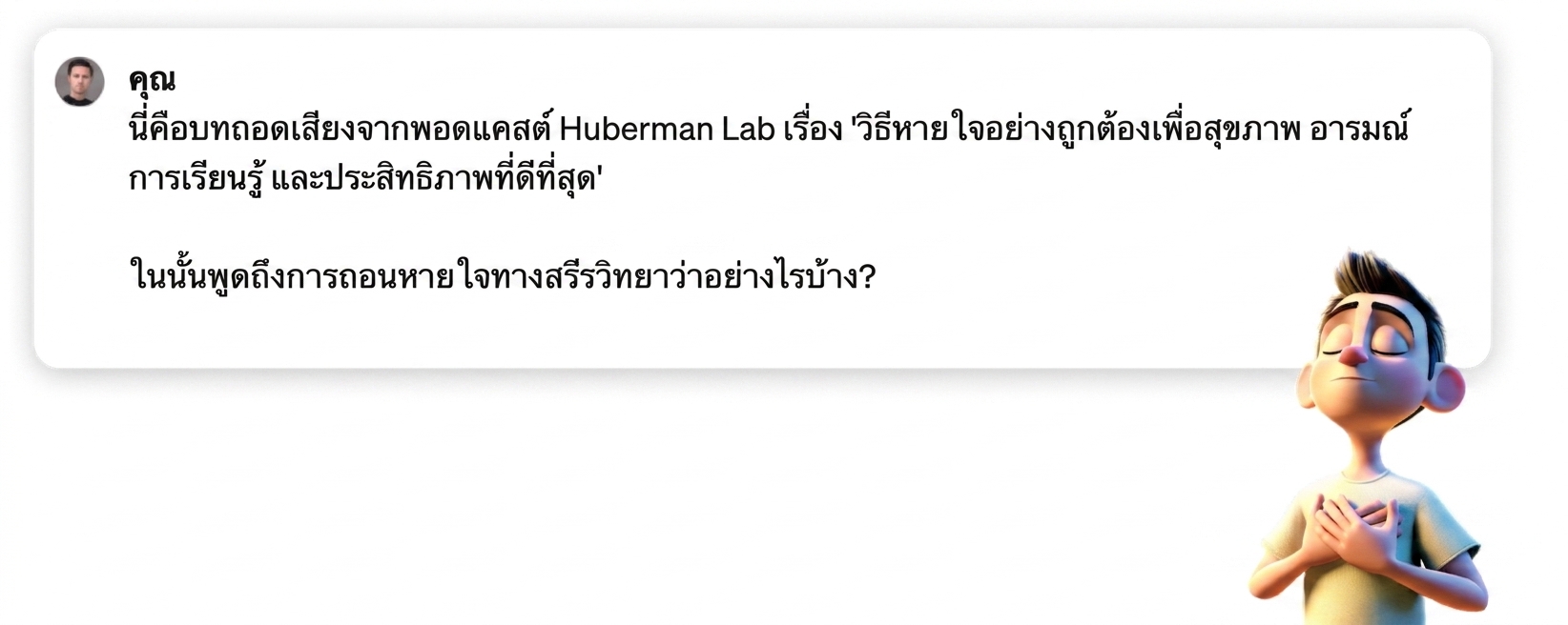 Prompt ที่ขอให้ Chatbot สรุปประเด็นสำคัญจาก Transcript ที่ให้ไว้