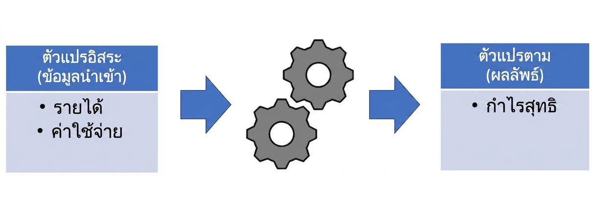 แผนภาพแบบจำลองที่แสดง input ผ่านแบบจำลองเพื่อให้ได้ output