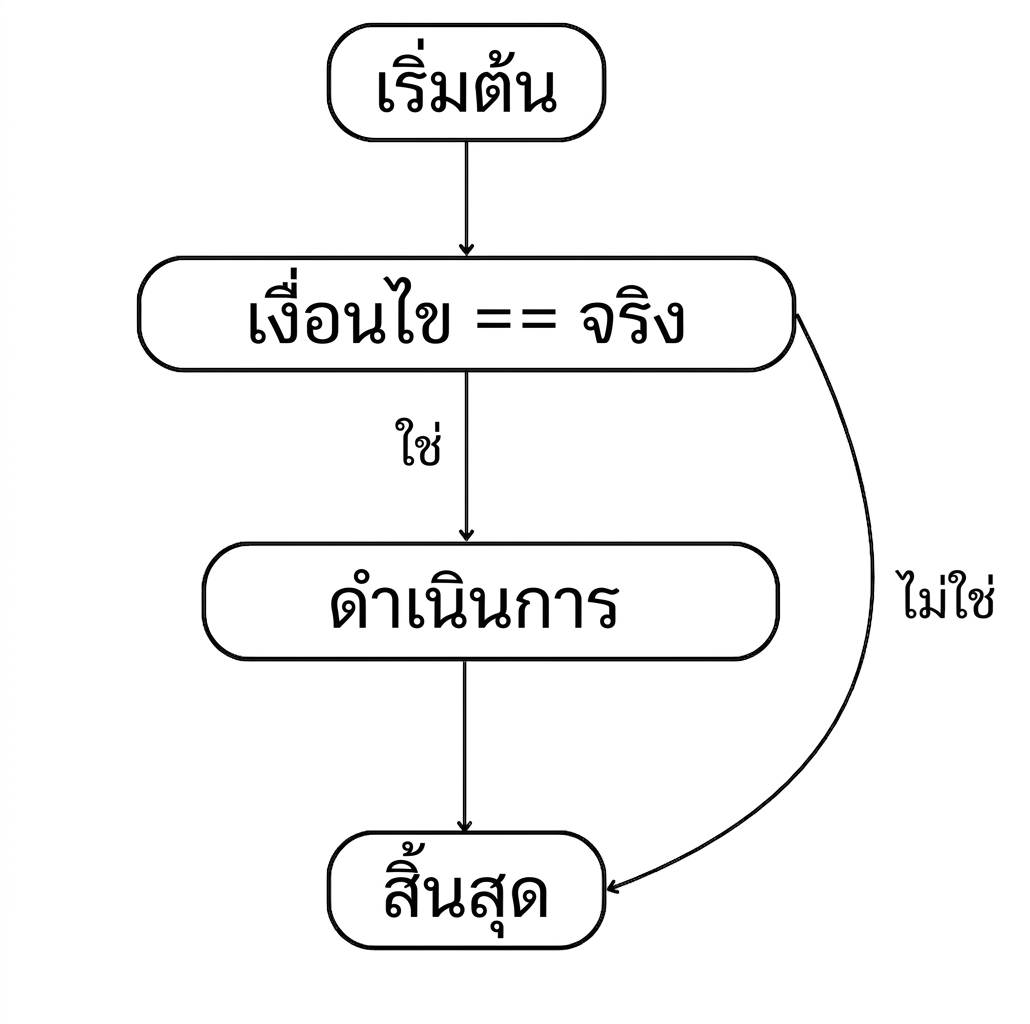 ขั้นตอนของคำสั่ง if: เริ่ม > เงื่อนไขเป็นจริง > ดำเนินการ > สิ้นสุด
