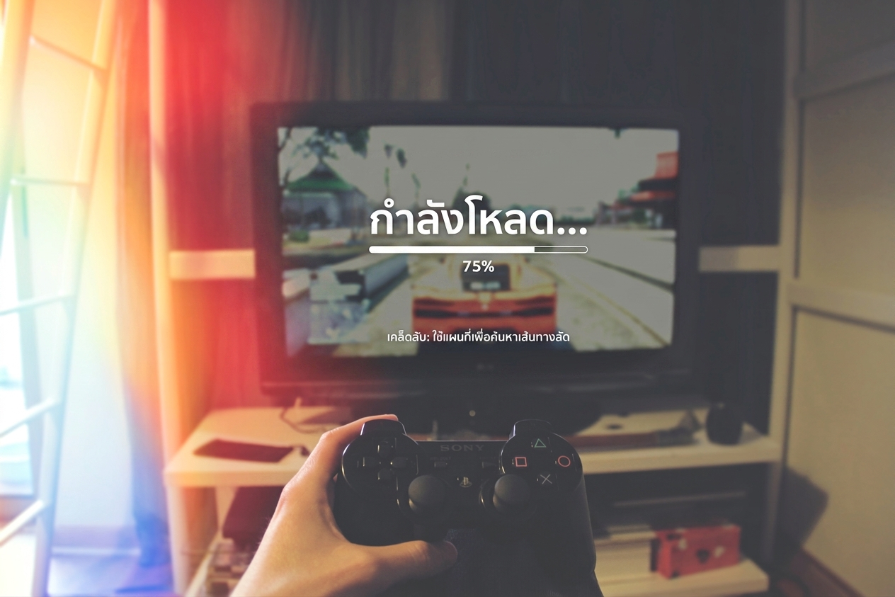 คอนโซลเกมที่กำลังเล่นเกมแข่งรถ