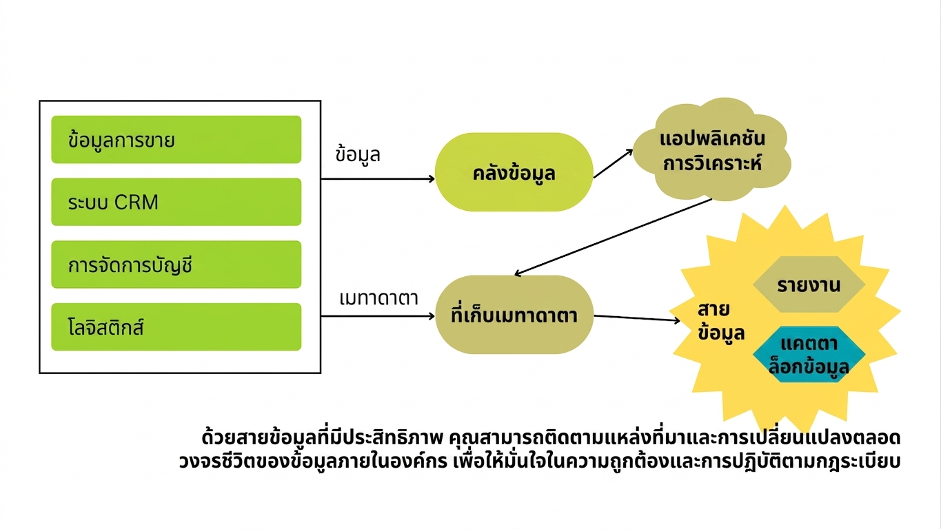 ข้อมูลระบบทางซ้ายถูกแปลงเป็นรายงานและ data catalog ผ่านการจัดการ metadata