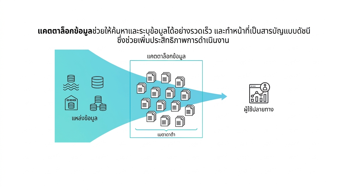 ระบบข้อมูลที่กระจัดกระจายทางซ้าย ถูกจัดระเบียบเป็นกองที่เป็นระเบียบตรงกลาง พร้อมลูกศรชี้ไปยังผู้ใช้ปลายทางทางขวา