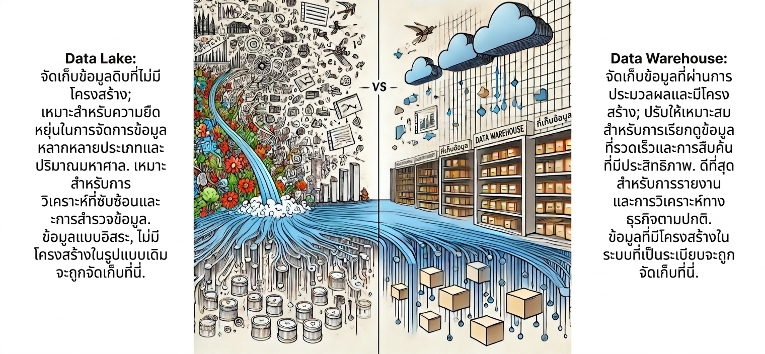 แผนภาพ data warehouse แสดงเป็นกล่องทางด้านขวา