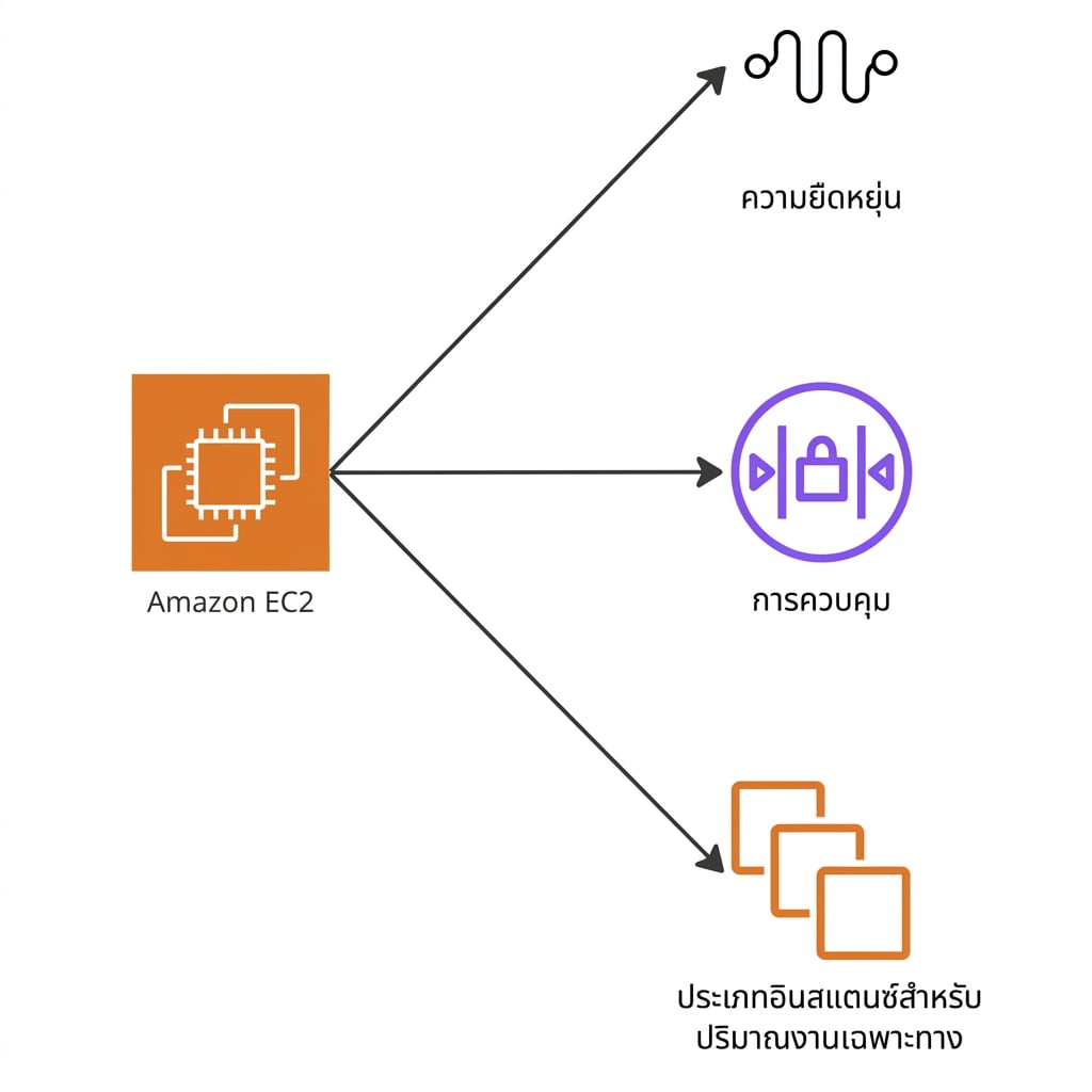 แผนภูมิแบบแยกสาขาแสดงความยืดหยุ่น การควบคุม และประเภท instance พิเศษใน EC2