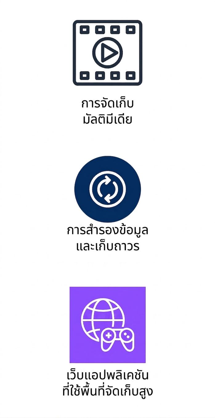 ไอคอนแนวตั้งสามรายการแสดงการจัดเก็บมัลติมีเดีย การสำรองและเก็บถาวร และเว็บแอปพลิเคชันที่ต้องการพื้นที่สูง