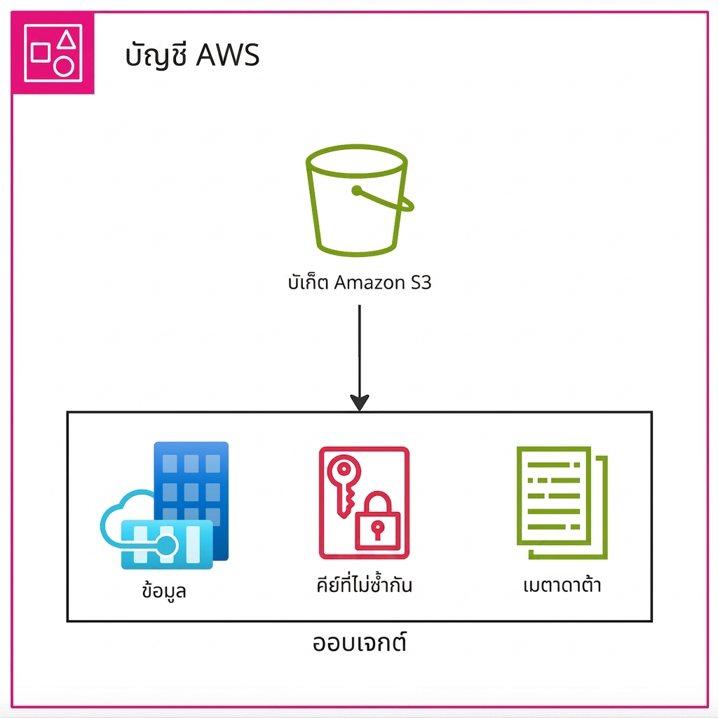 แผนภาพลำดับชั้นแสดงความสัมพันธ์ระหว่าง AWS account, S3 bucket และ objects