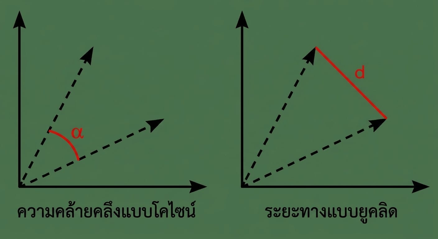 Euclidean distance: แสดงระยะทางเส้นตรงระหว่างเวกเตอร์สองตัว