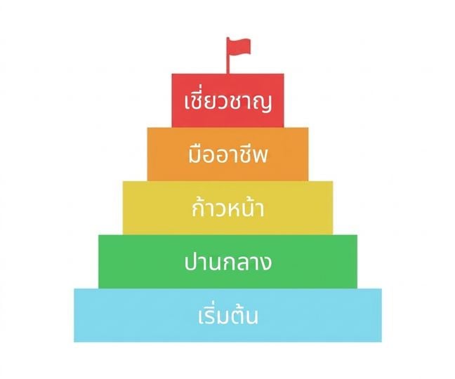 ภาพพีระมิดที่มีระดับสีต่างๆ ตั้งแต่ผู้เริ่มต้นจนถึงระดับมาสเตอร์