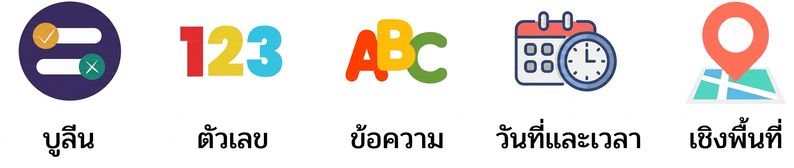 ภาพประเภทข้อมูลที่แสดง Boolean, Numeric และ String