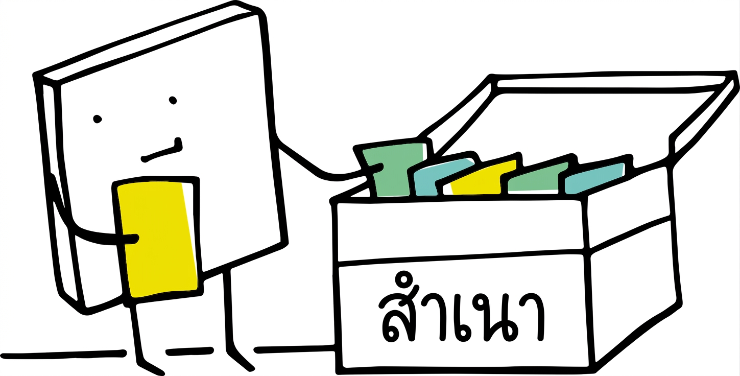 การ์ตูนน่ารักกำลังจัดเก็บ prompt ในกล่องเอกสาร