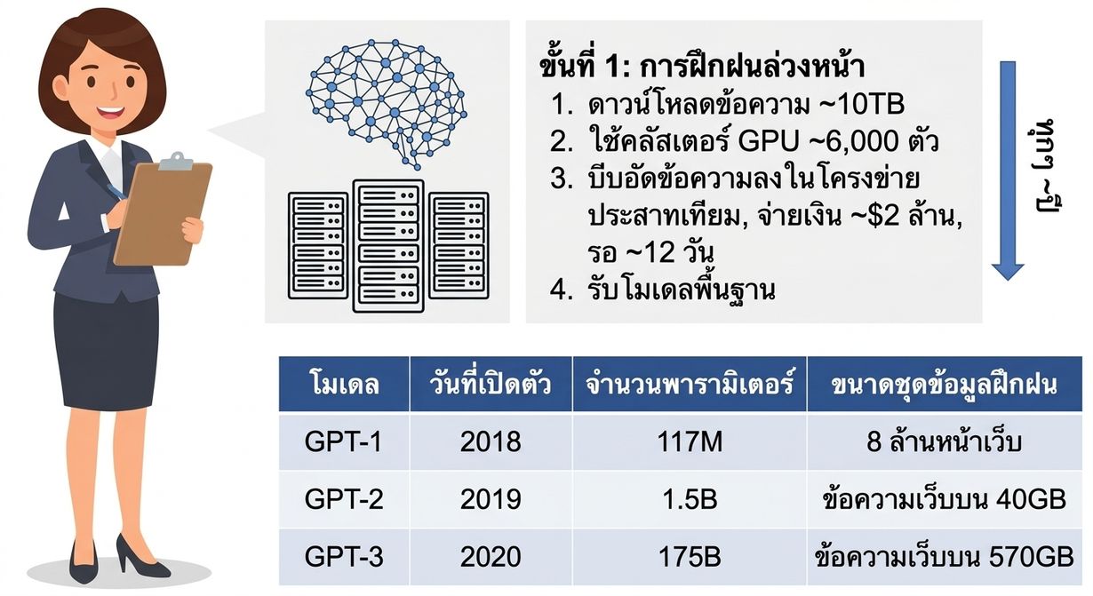 ภาพประกอบหญิงถือคลิปบอร์ด พร้อมแผนภูมิและตารางที่แสดงรายละเอียดกระบวนการ pre-training และข้อมูลของโมเดล GPT