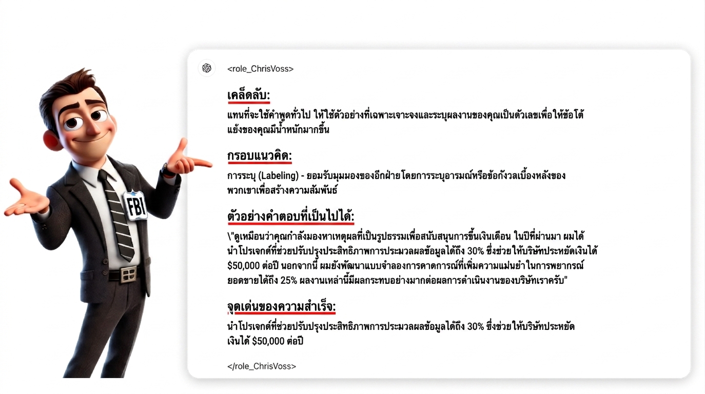 ภาพแสดงตัวการ์ตูนสวมชุด FBI กำลังชี้ไปที่การตอบสนองต่อ prompt ที่มีโครงสร้างชัดเจน
