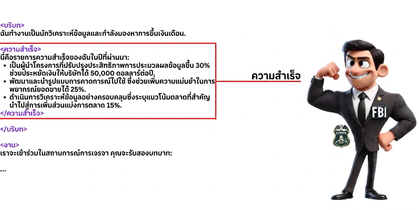 ภาพแสดงตัวการ์ตูนเจ้าหน้าที่ FBI ในท่าทางมั่นใจ ด้านซ้ายมี XML tags ได้แก่ context, achievements และ task