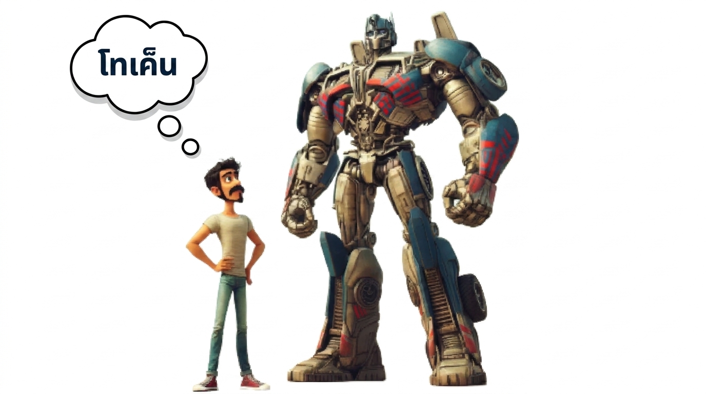 ภาพประกอบชายคนหนึ่งมองตัวละครแบบ Transformer โดยจินตนาการถึงคำว่า "Tokens"