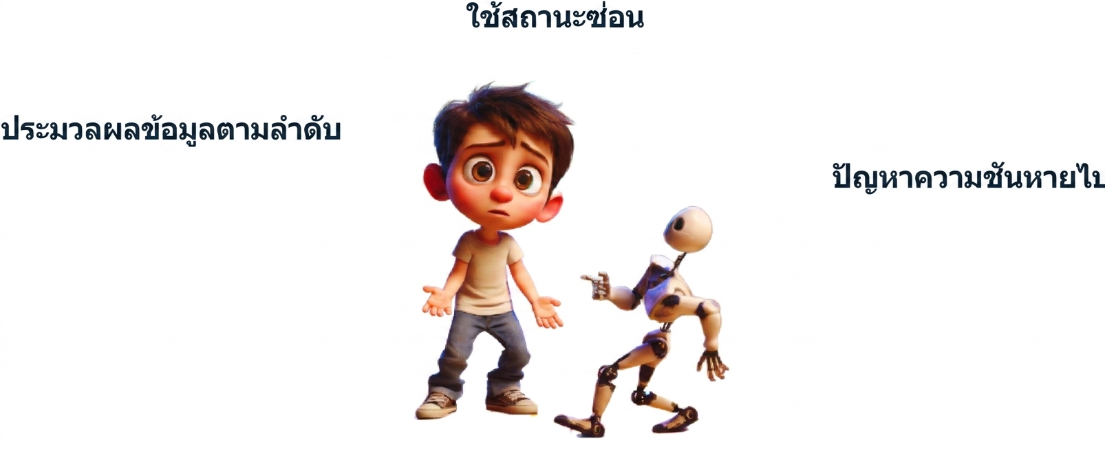 ภาพประกอบเด็กชายดูสับสนพร้อมหุ่นยนต์ตัวเล็ก