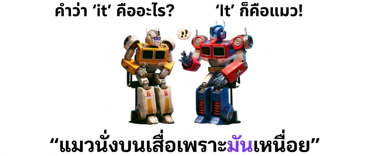 ภาพหุ่นยนต์สีสันสดใสสองตัวนั่งอยู่ใกล้กัน โดยหุ่นยนต์ทางขวาทำท่าทางมือเหมือนกำลังพูด