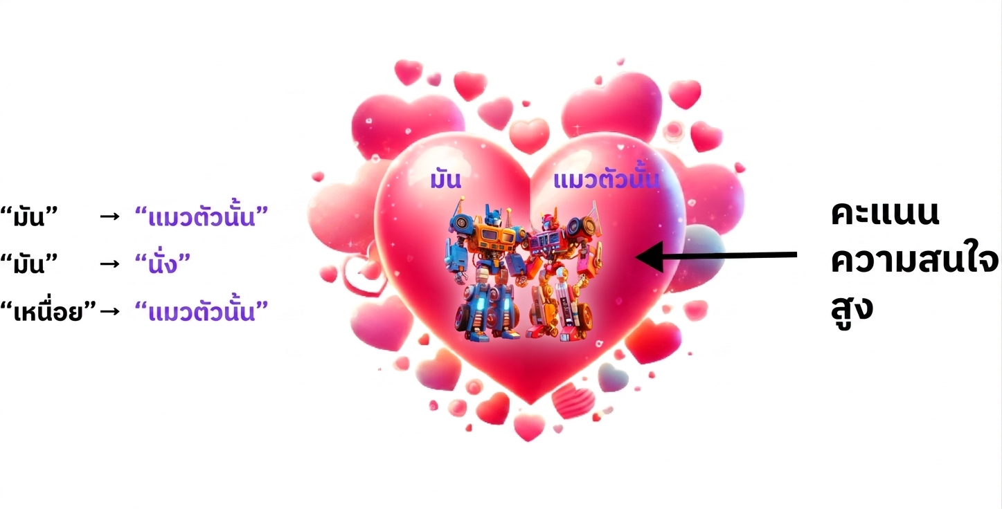 ภาพหุ่นยนต์สีสันสดใสสองตัวอยู่ในหัวใจสีชมพูขนาดใหญ่ล้อมรอบด้วยหัวใจเล็ก หุ่นยนต์ทางซ้ายมีป้ายว่า "it" และหุ่นยนต์ทางขวามีป้ายว่า "the cat" ทางด้านซ้ายของหัวใจมีข้อความแสดงในแนวตั้งสามรายการ ได้แก่ "the cat" "sat" และ "the cat" ทั้งหมดเป็นสีน้ำเงิน