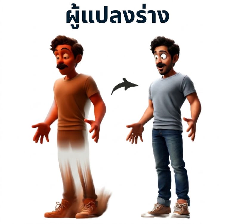 ภาพประกอบชายที่กำลังเปลี่ยนแปลงจากสภาพหนึ่งไปอีกสภาพ พร้อมคำว่า 'Transformer' อยู่ด้านบน