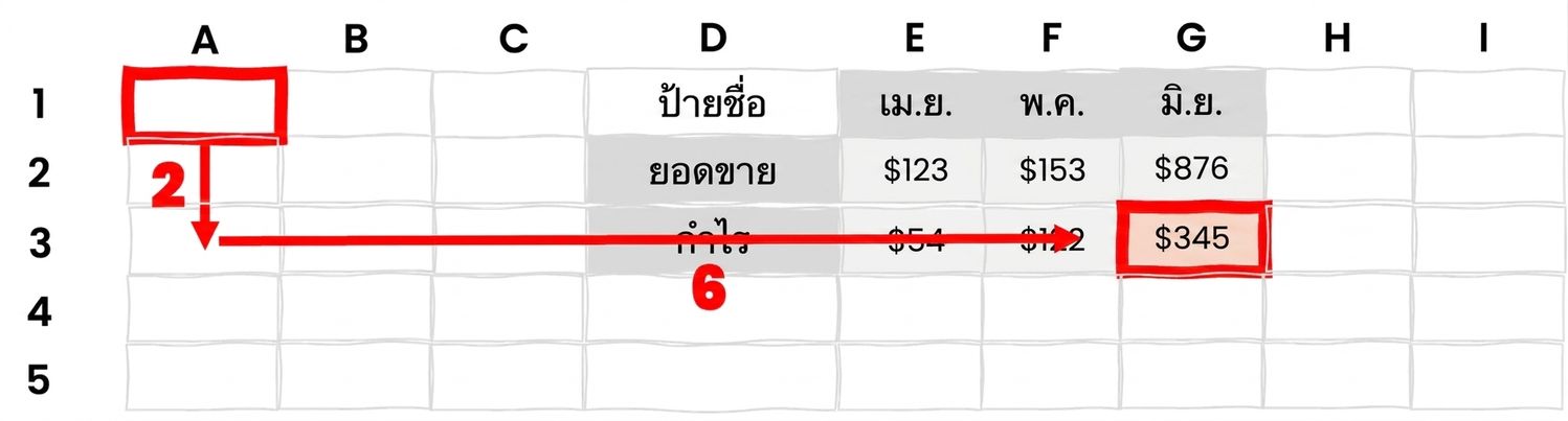 กลุ่มเซลล์พร้อมลูกศรชี้ลงและขวา เพื่อแสดงการใช้ OFFSET ใน Excel