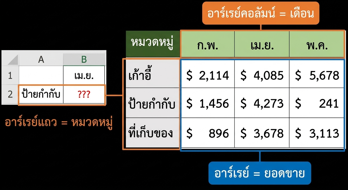 ตารางใน Excel ที่มี 5 คอลัมน์และ 4 แถว เพื่ออธิบายการใช้ฟังก์ชัน INDEX และ MATCH
