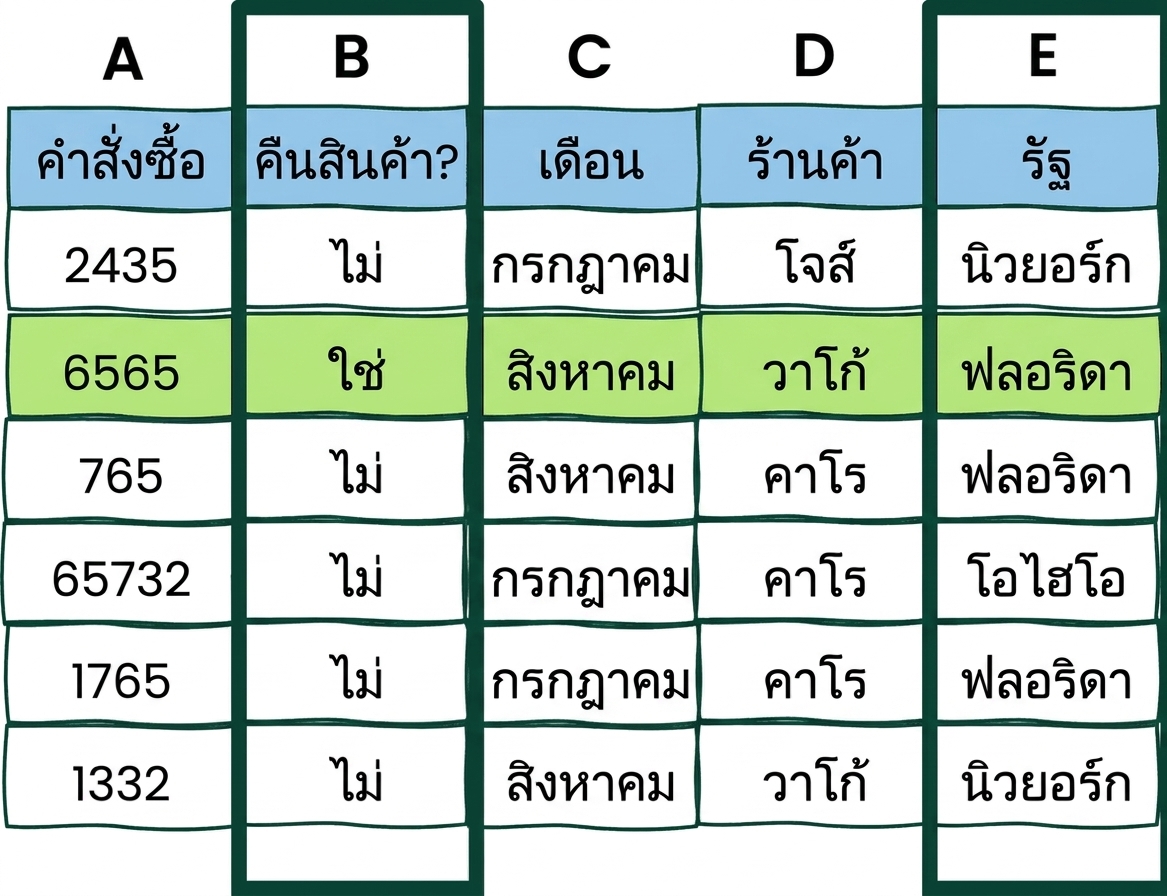ตัวอย่างตาราง Excel ที่มีเงื่อนไข AND สองรายการ